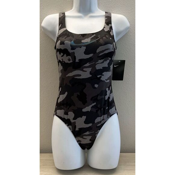 Nike NESSA326 001 Black/Gray Sz XS Camo U-Back One-Piece Swimsuit - Picture 1 of 10